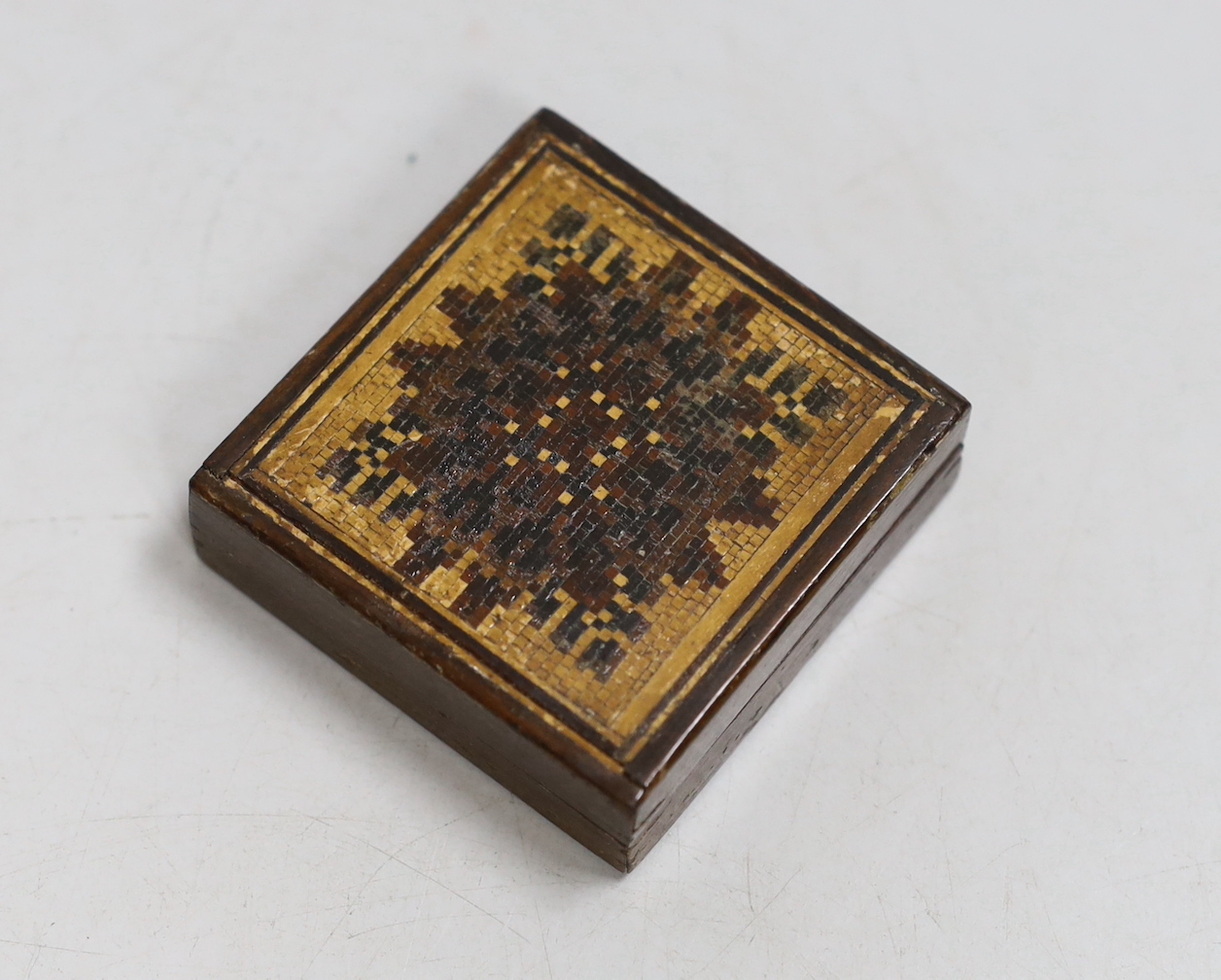 A Tunbridge ware tangram puzzle box, 5cm.